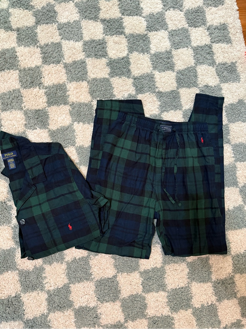 Polo Ralph Lauren Plaid Pajama Set Sleepwear Cotton Green And Navy Red Emblem S